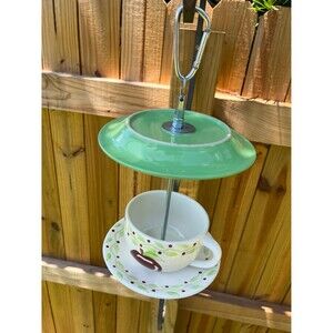 Re-purposed ceramic Red Country Apple cupsaucer Birdfeeder Green Saucer top